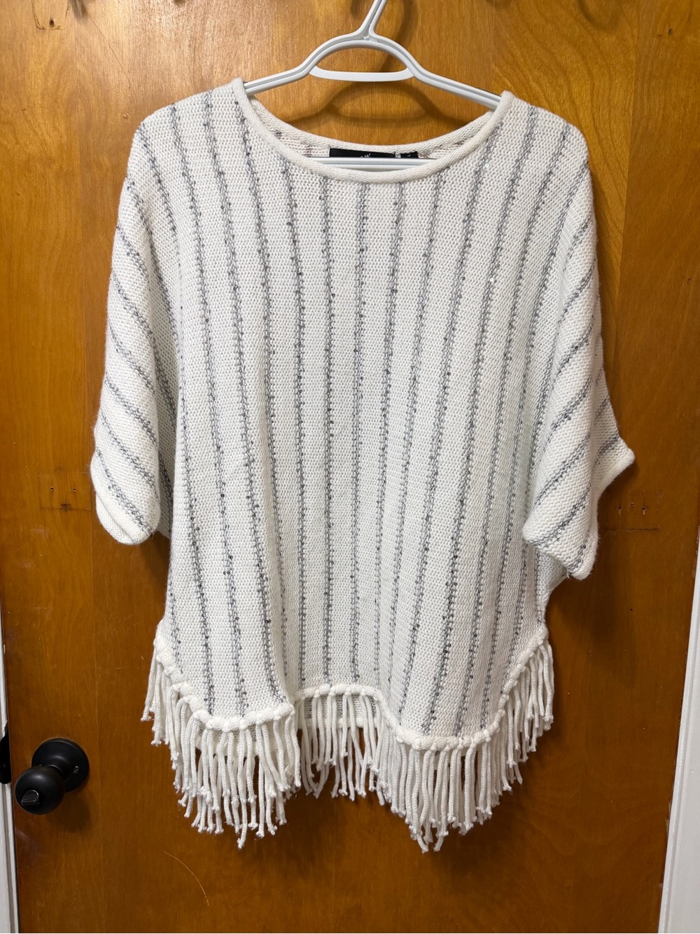 GNW Cream Knit Fringe Poncho with Gray Stripes